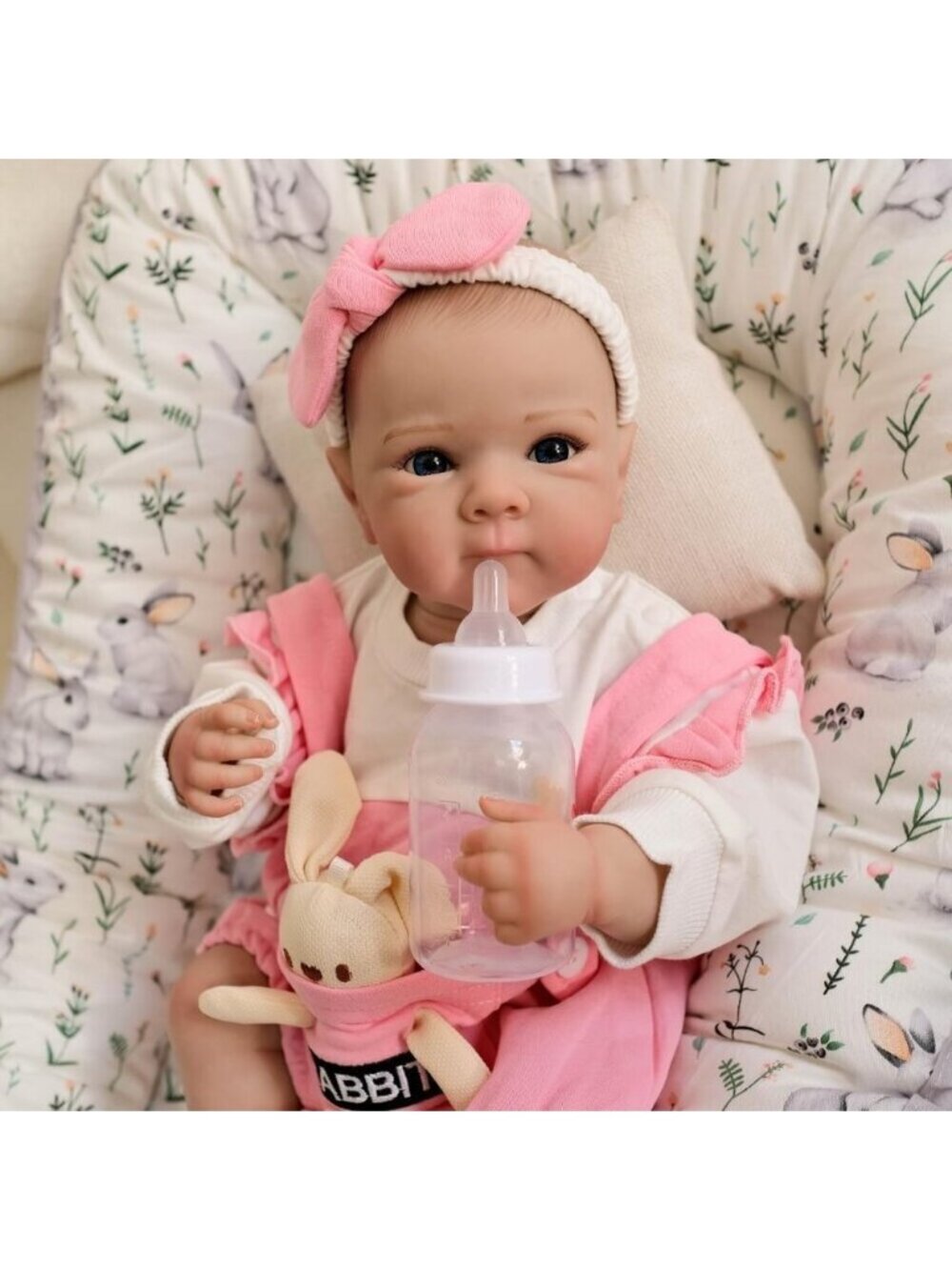 🆕18Inch Realistic Full Vinyl Body Newborn Girl Pink Overalls Bunny Accessory